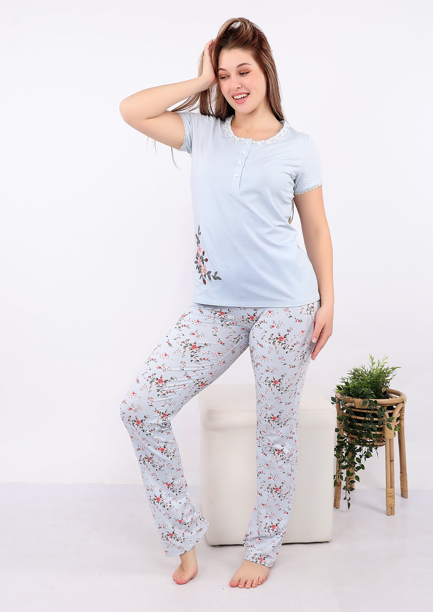 Floral Pajama Set with Lace Trim