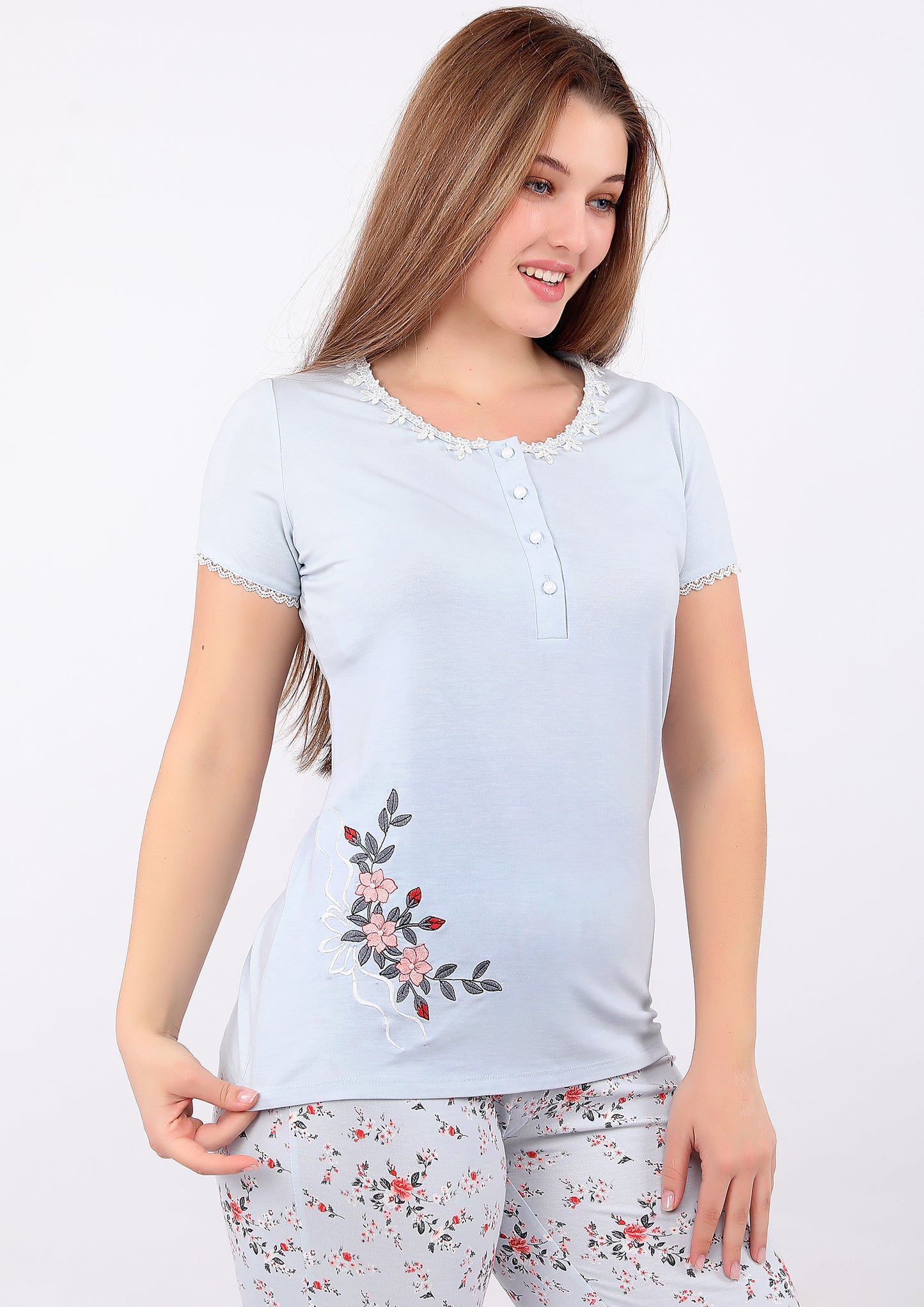 Floral Pajama Set with Lace Trim