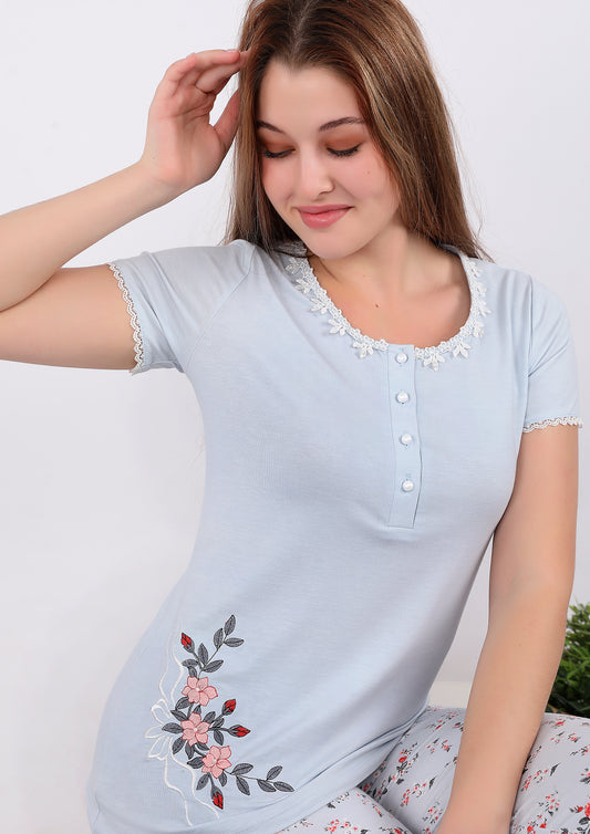 Floral Pajama Set with Lace Trim