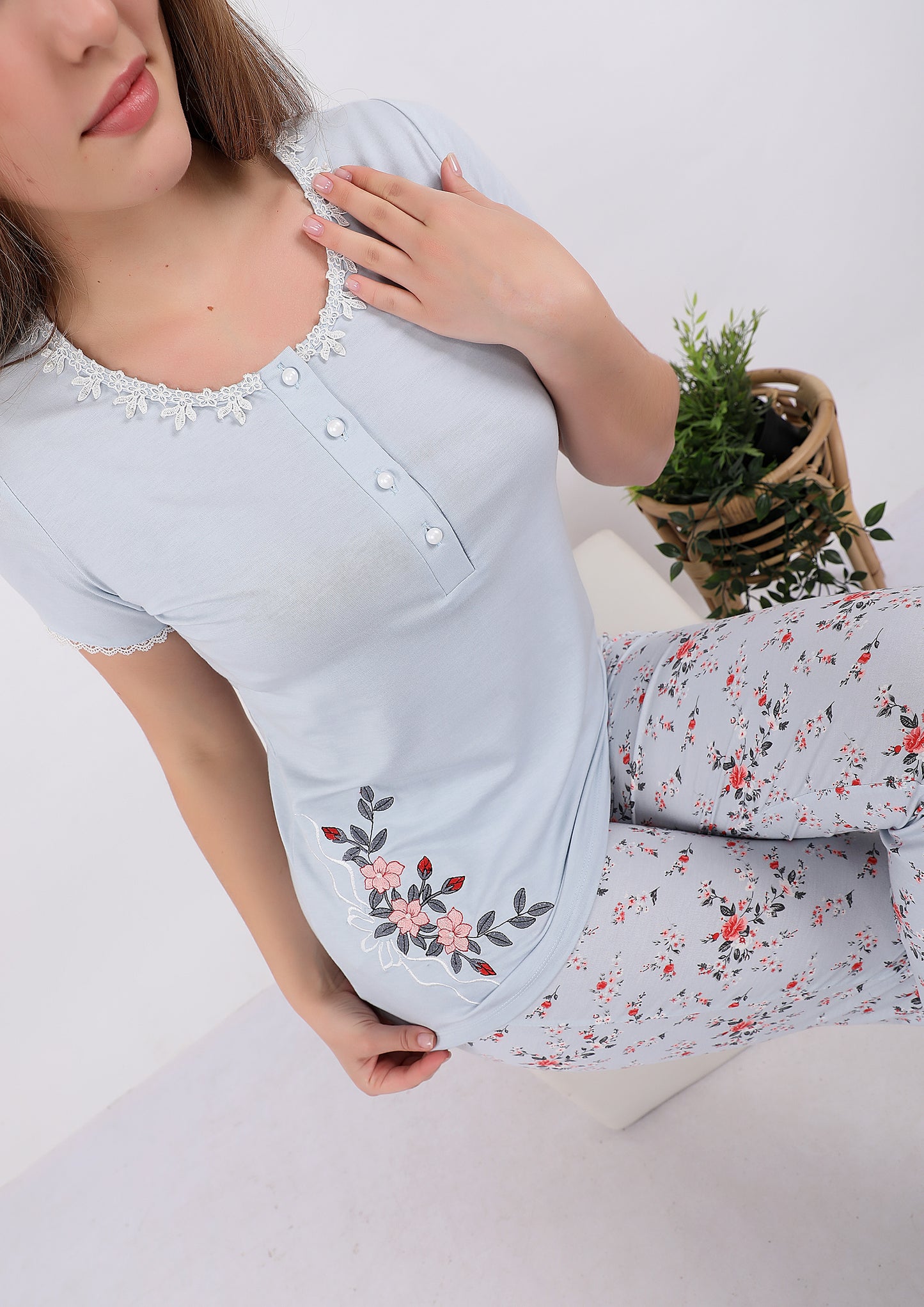 Floral Pajama Set with Lace Trim