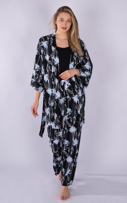 Blue and Black floral pajama set with light robe