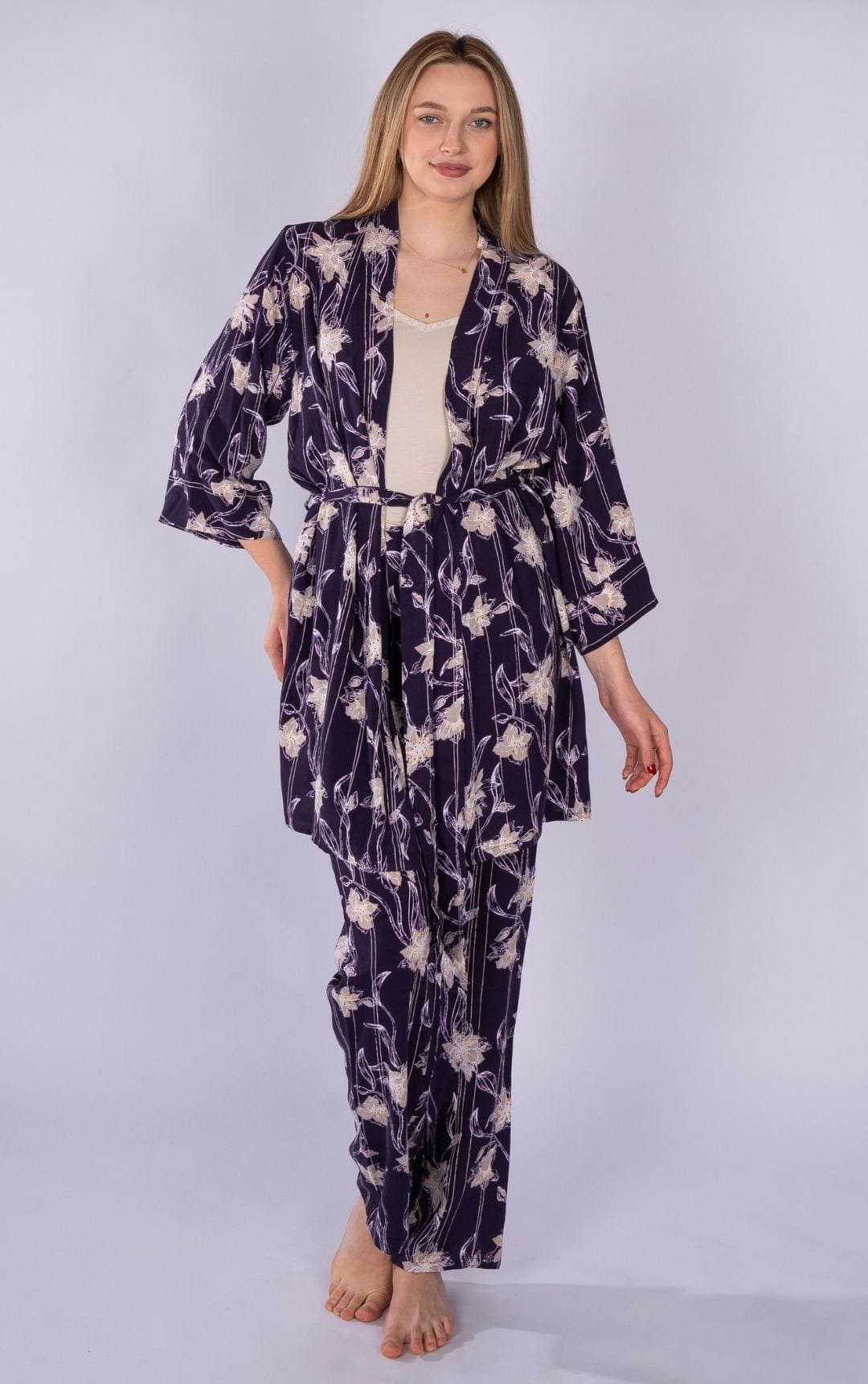 Dark-Purple and Beige floral pajama set with light robe