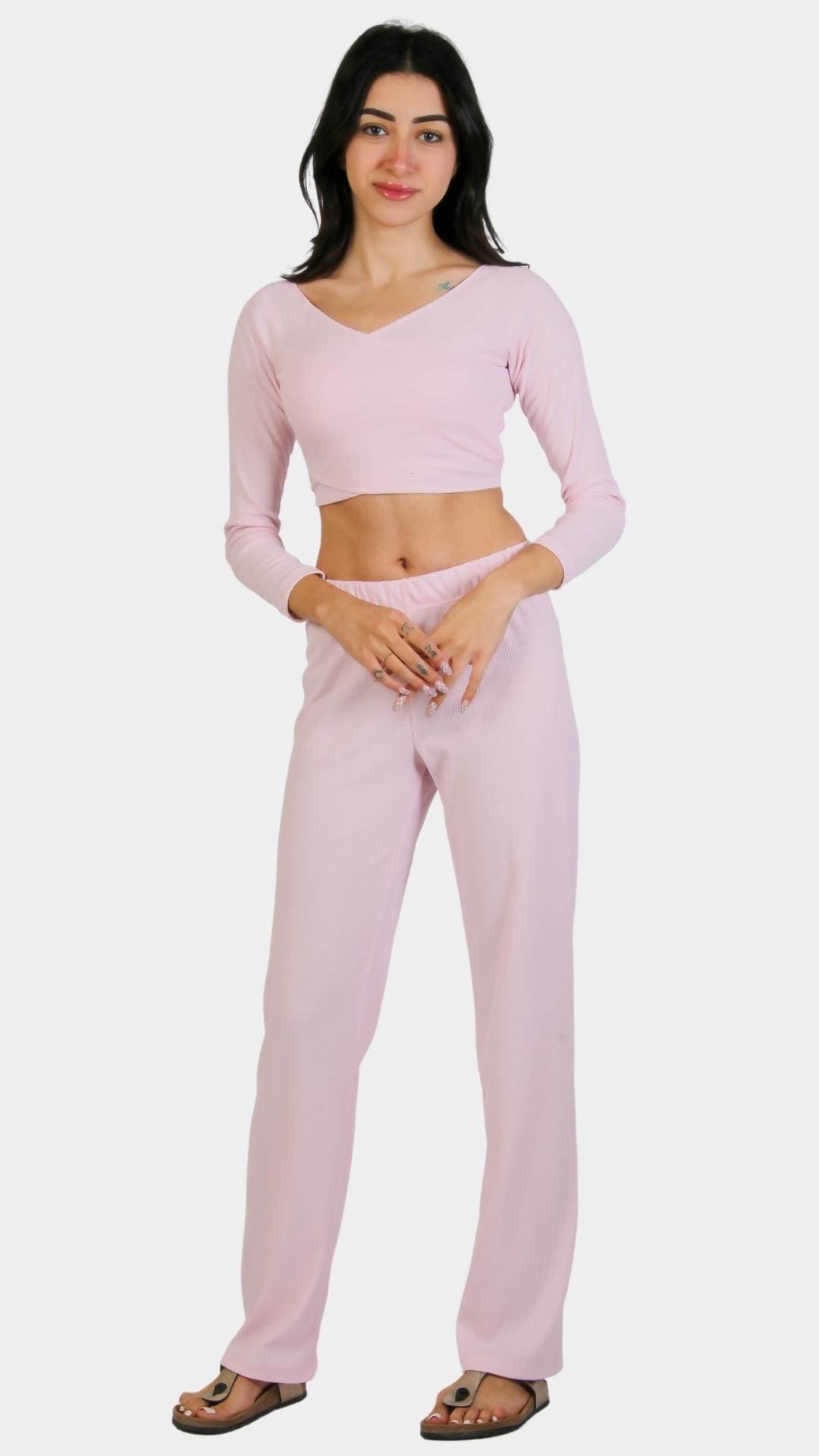 Rose pajama set with long sleeve crop-top and pants