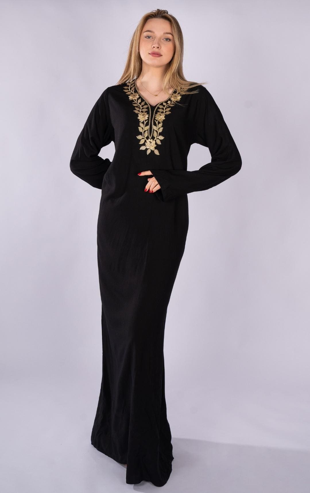 Black flower stitched V-neck Abaya