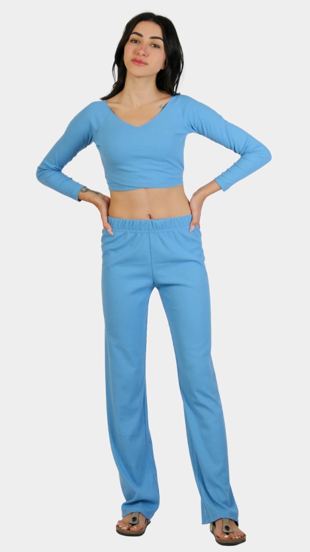 Blue pajama set with long sleeve crop-top and pants