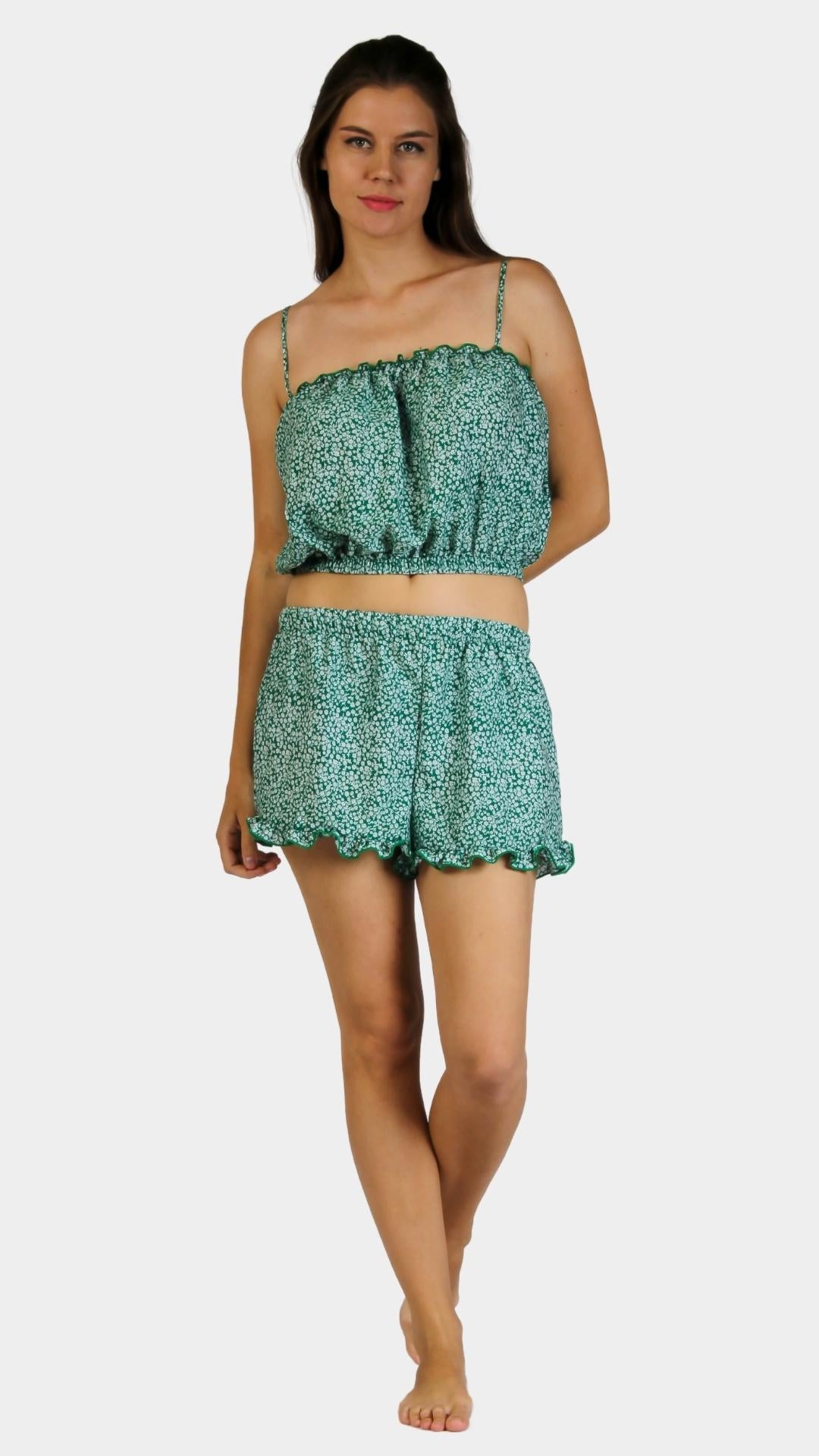 Two-Piece green pajama with crop-top and pants