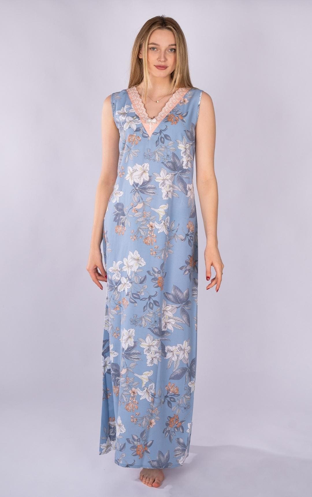 Baby blue floral Sleeveless Simon V-neck nightgown