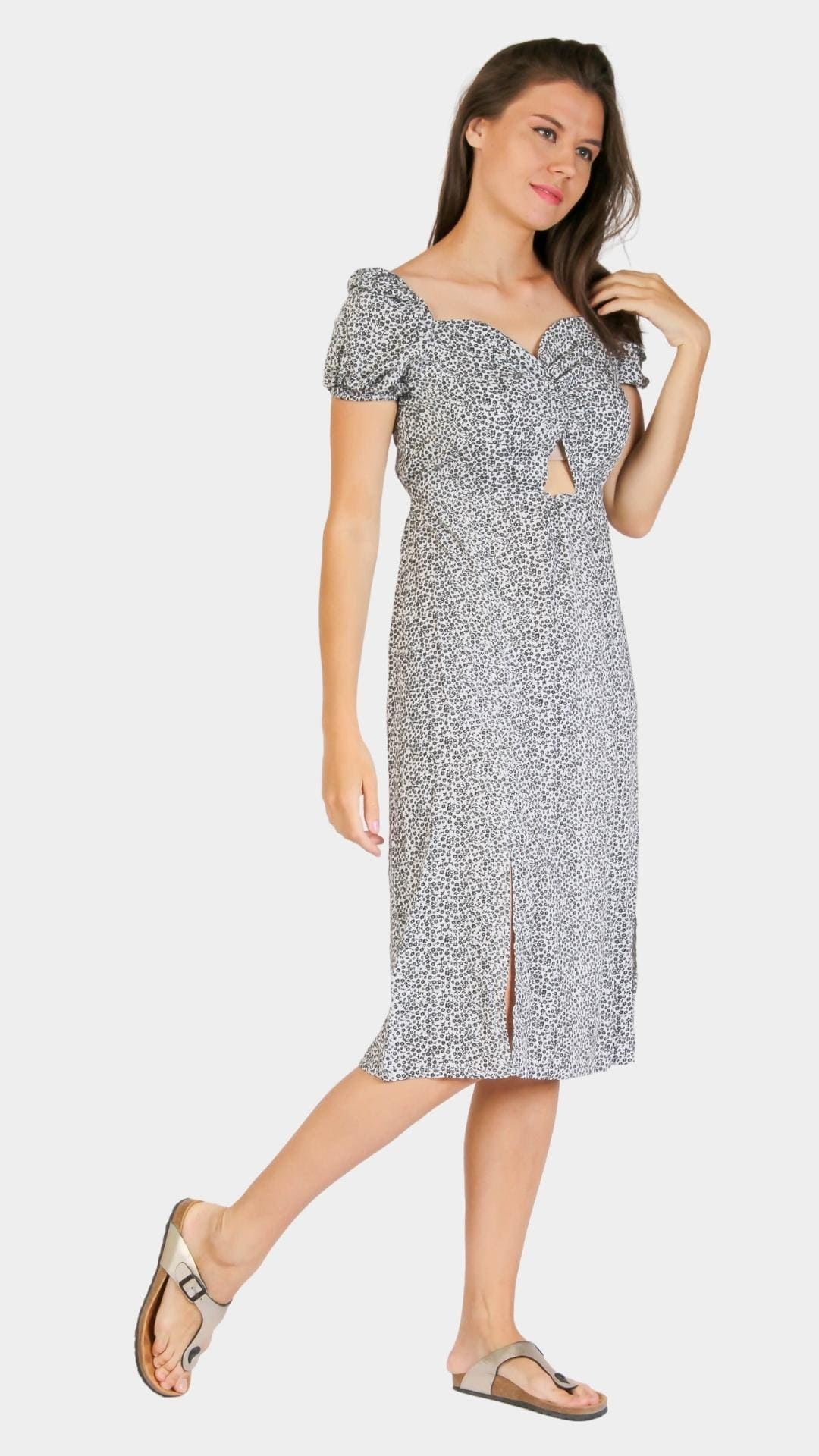 Short-Sleeve Floral Dress with Slit