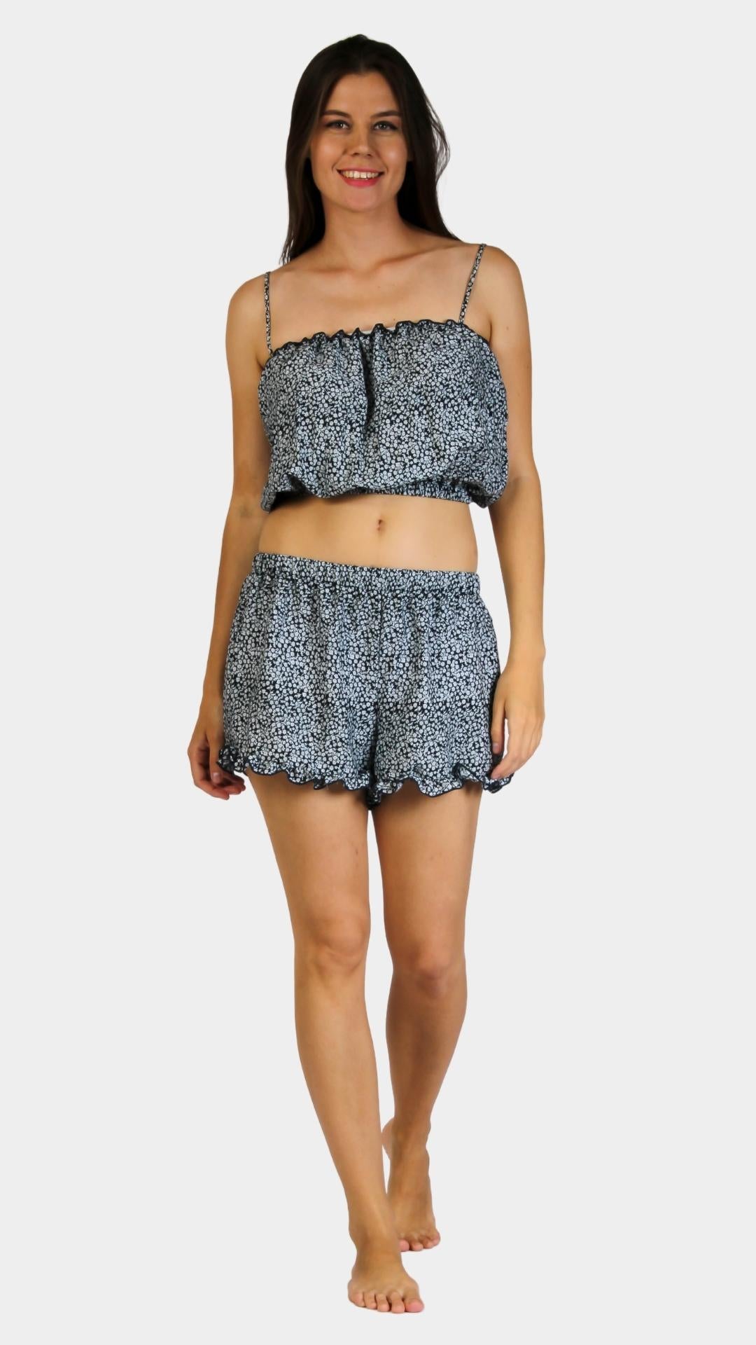Two-Piece dark-blue pajama with crop-top and pants