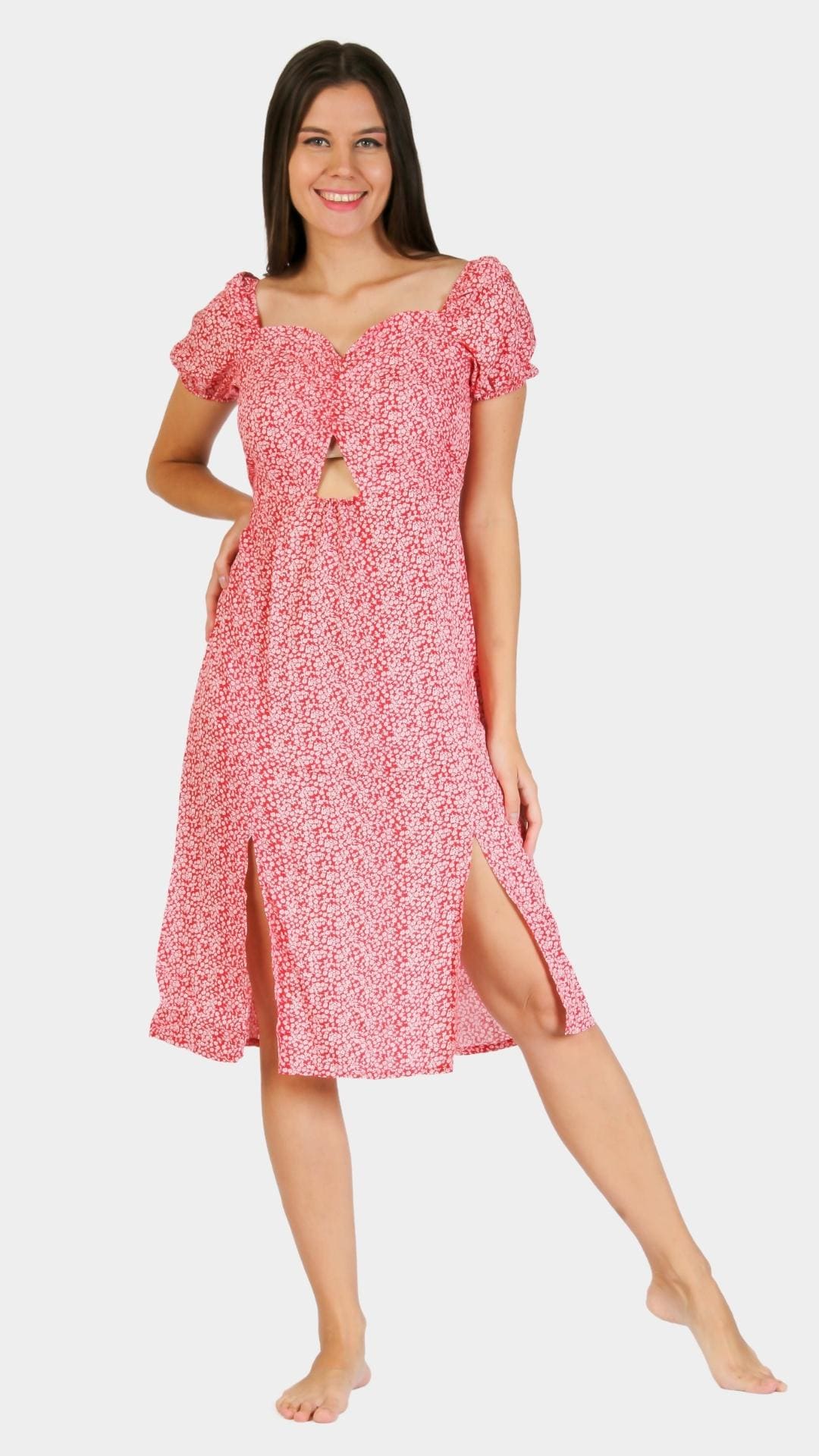 Red floral short sleeve dress