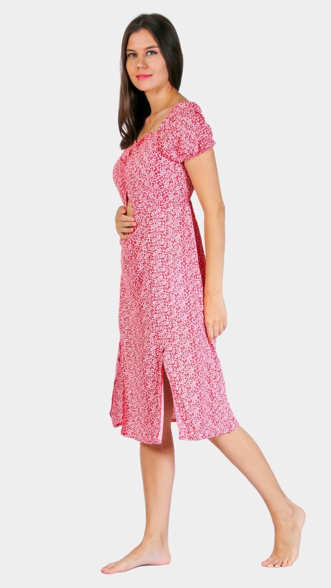 Short-Sleeve Floral Dress with Slit