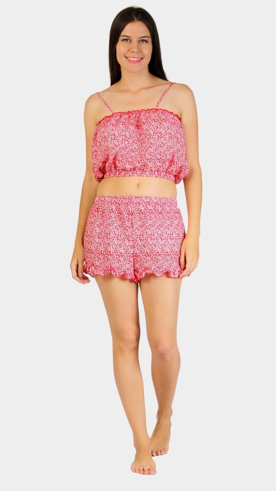 Two-Piece red pajama with crop-top and pants