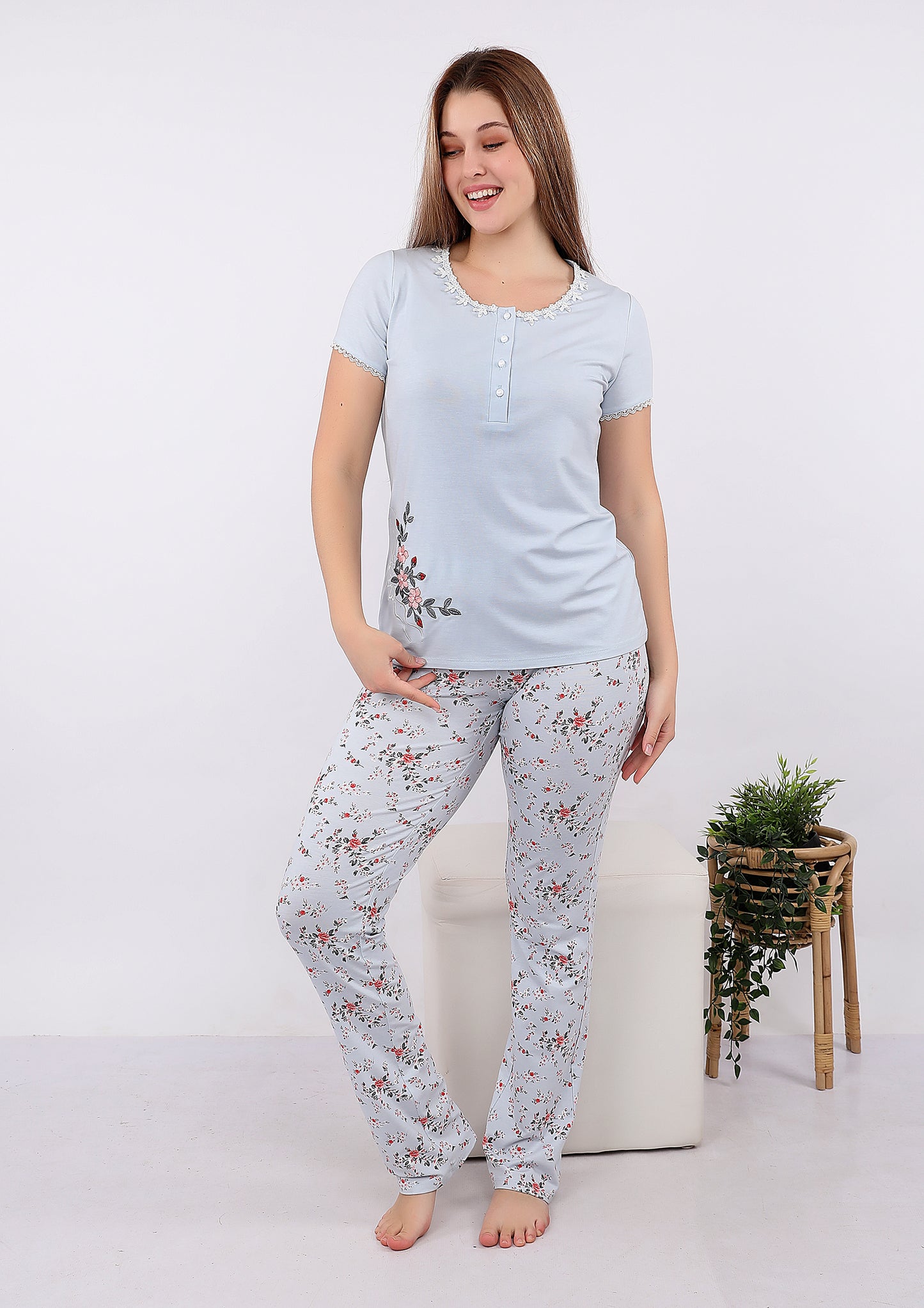 Floral Pajama Set with Lace Trim