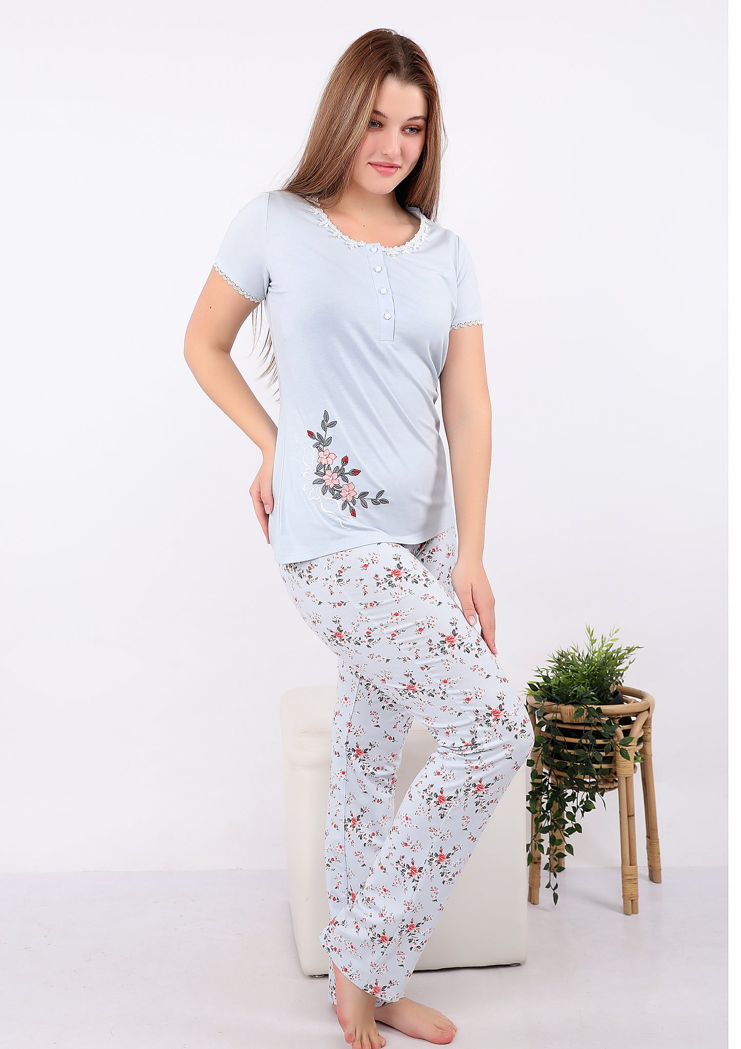 Floral Pajama Set with Lace Trim