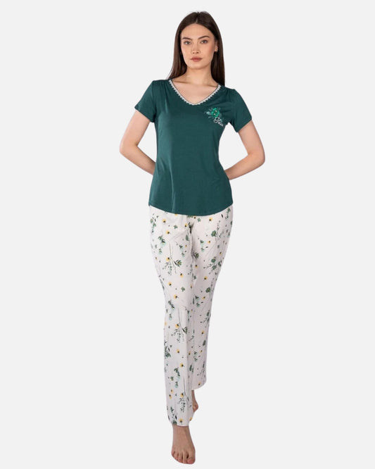 Basic Pajama Set with Flower Printed Pants