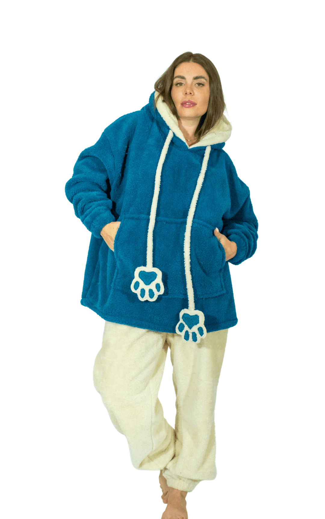 Oversized Fleece Hoodie with Embroidered Paw Design