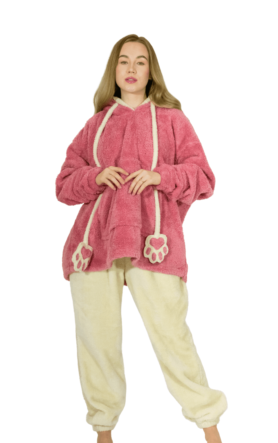 Oversized Fleece Hoodie with Embroidered Paw Design