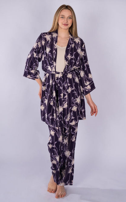 Dark-Purple and Beige floral pajama set with light robe 