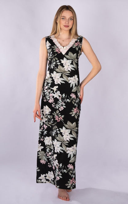 Black floral Sleeveless white V-neck nightgown 