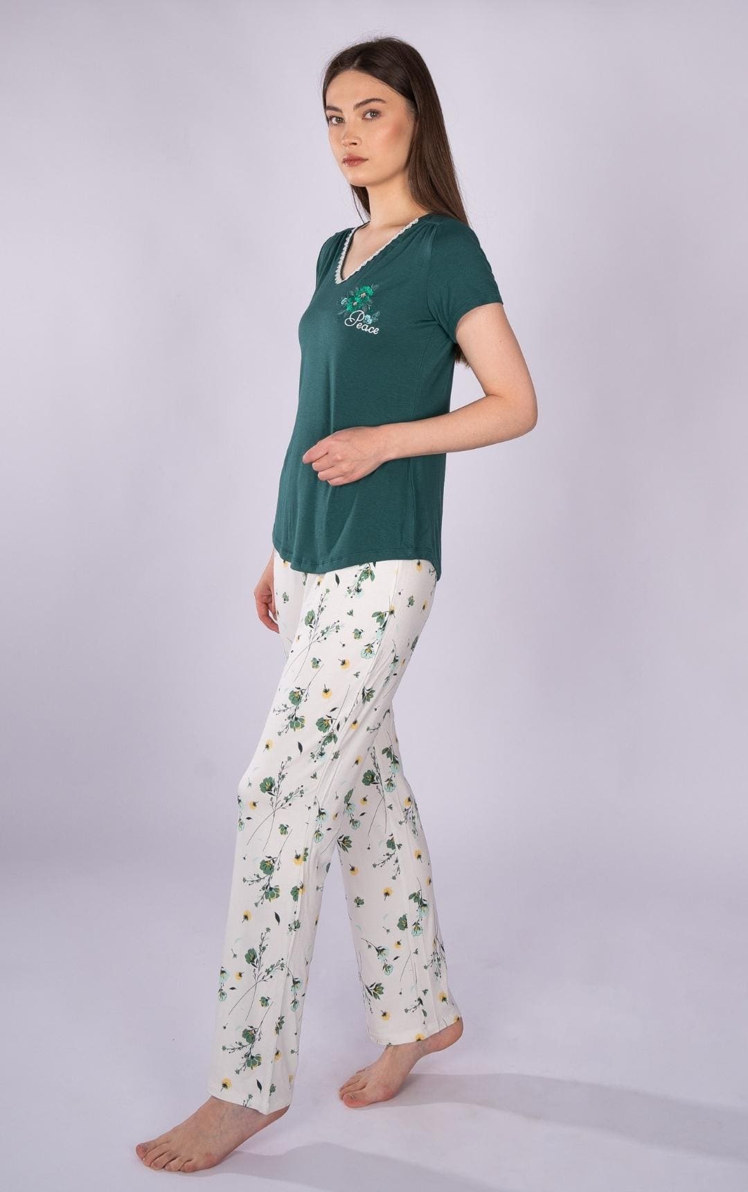 Basic Pajama Set with Flower Printed Pants