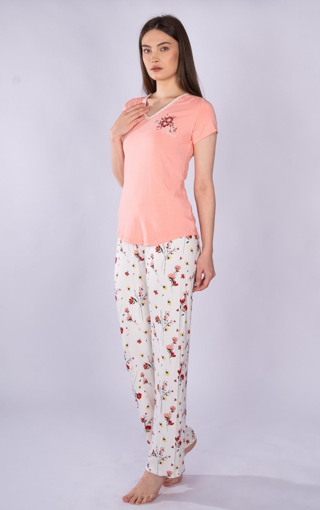 Basic Pajama Set with Flower Printed Pants