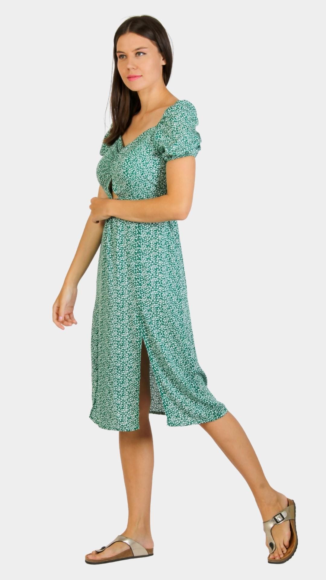 Short-Sleeve Floral Dress with Slit
