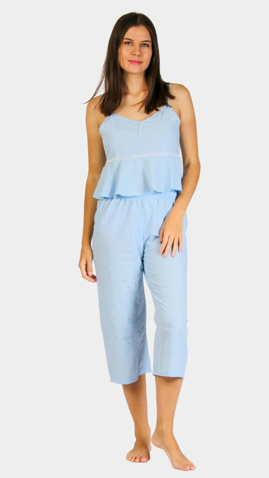 Blue pajama set with trimmed pants