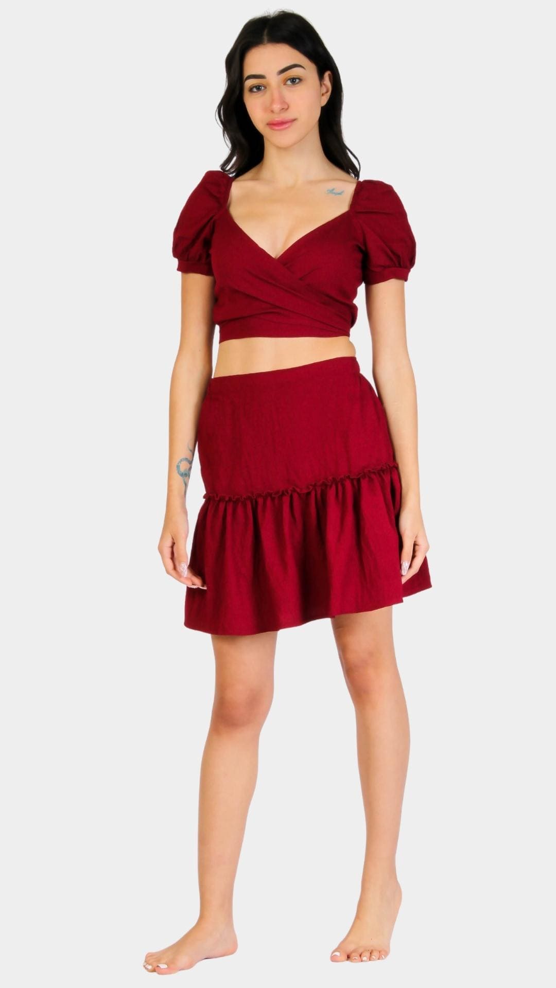 Burgundy short sleeve crop-top and skirt