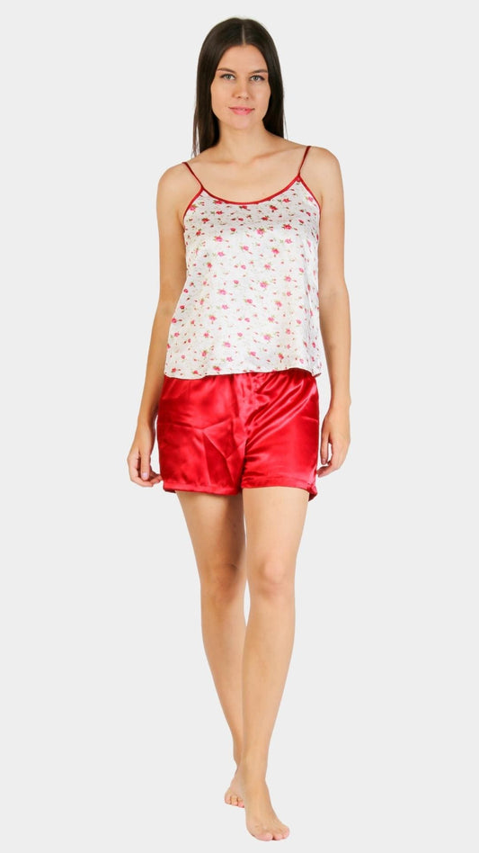Pajama set with floral top and red satin shorts