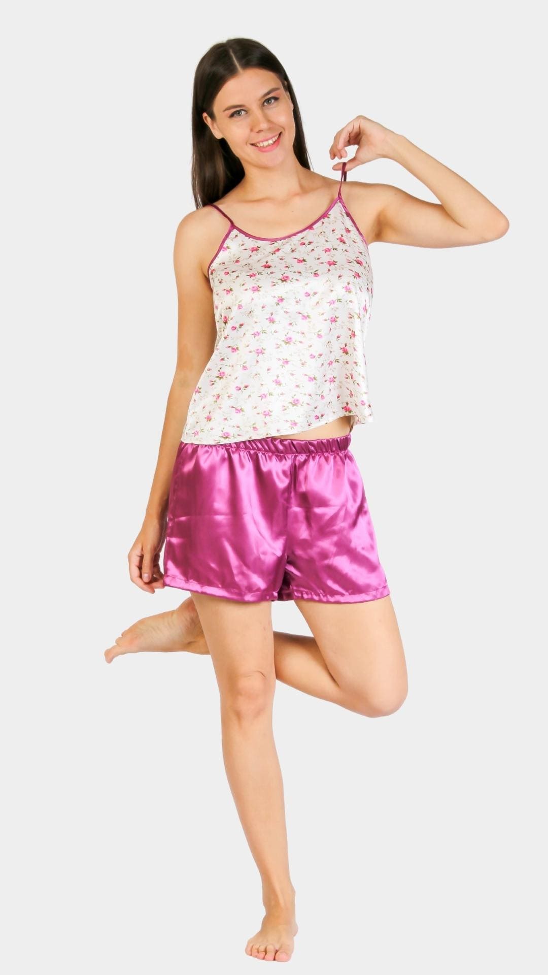 Pajama set with floral top and purple satin shorts