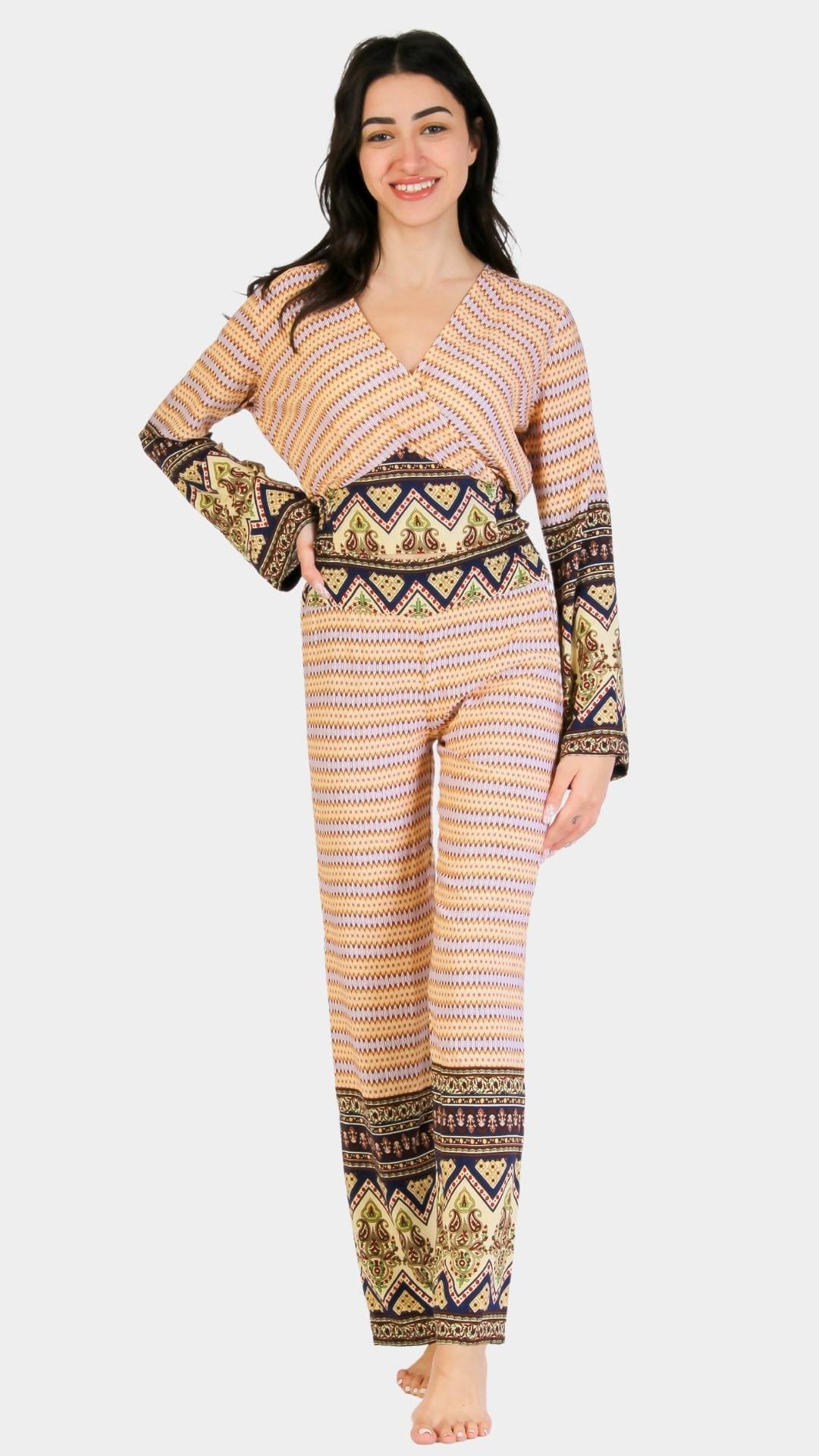 Beige with navy pattern long-sleeve pajama