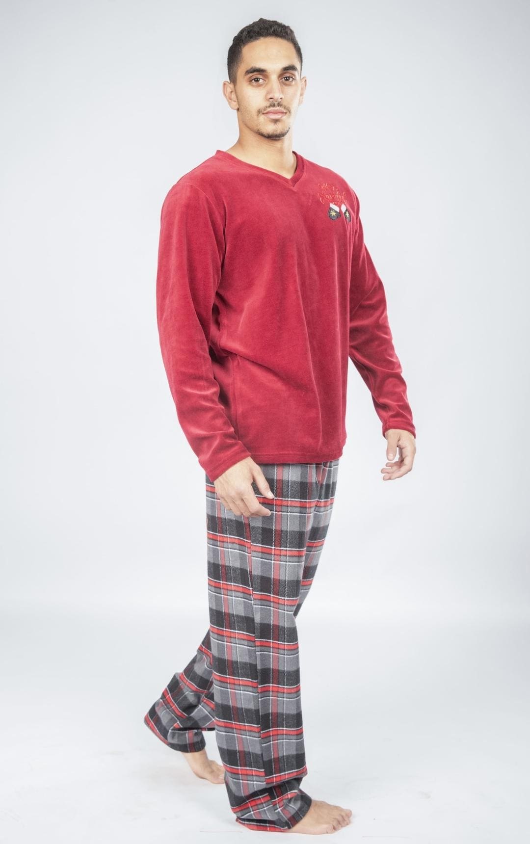 Christmas V-Neck Men Pajama with Check Pants